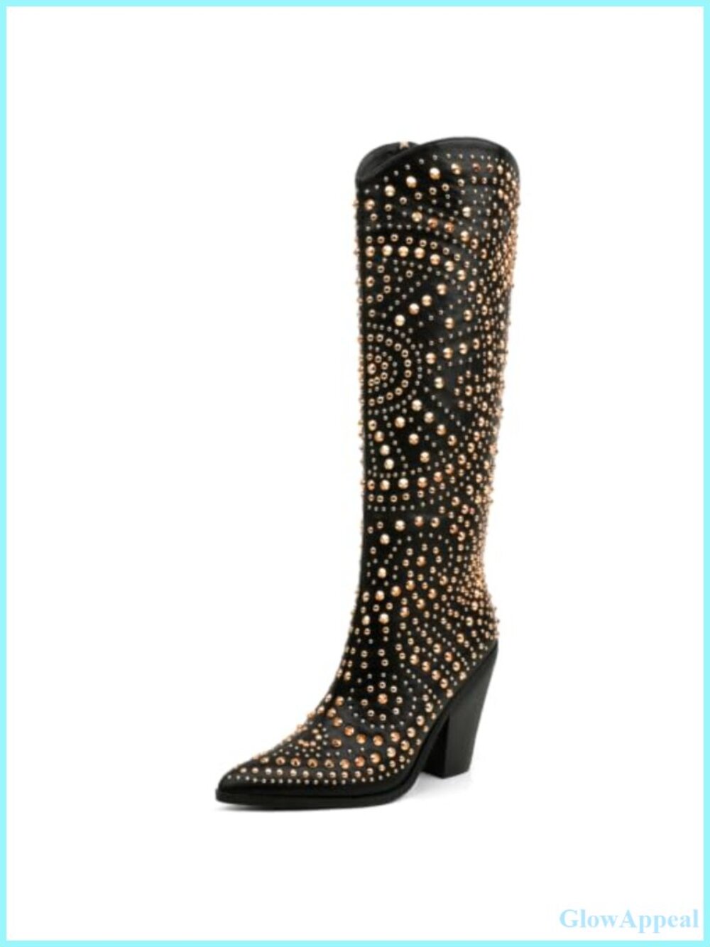 Studded Knee High Western Cowboy Boots Pointed Toe Chunky Heel Faux Leather